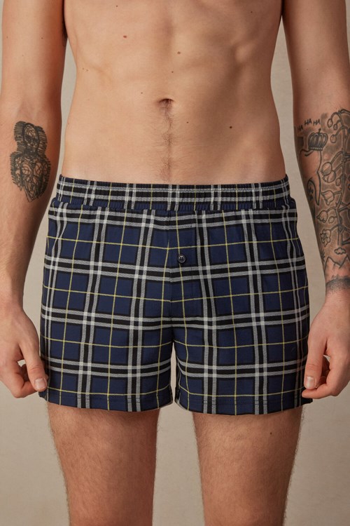Intimissimi Tartan Patterned Bavlněné Jersey Relaxed Fit Boxers Blankyt Blankyt Žluté | 7153496-LU